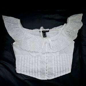 Forever 21 White Eyelet Ruffle Off The Shoulder Open Crop Top Sz XS 100% Cotton